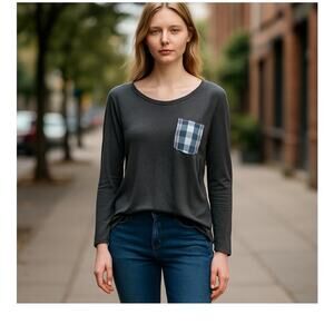 12PM by Mon Ami gray scoop neck long sleeve T-shirt with plaid back, women's S